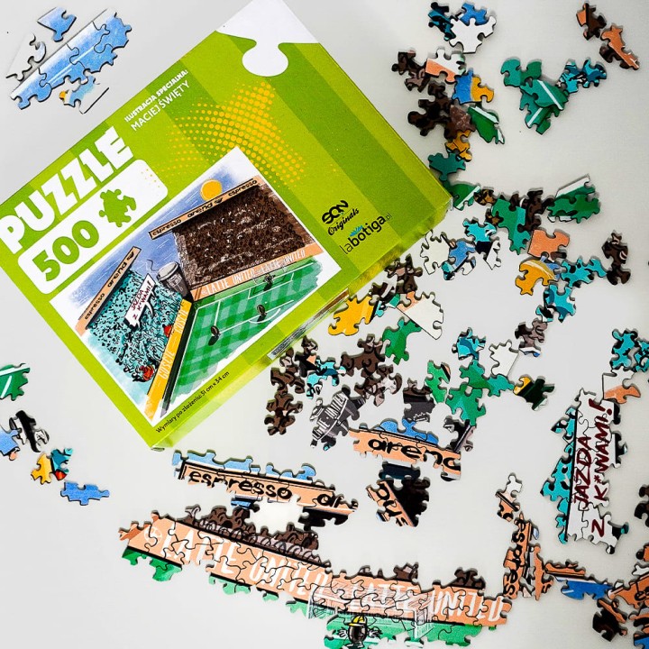 SQN Originals: Puzzle drewniane (500 elementów, oryginalne kształty) Jazda z kawami piłka nożna piłkarskie latte united