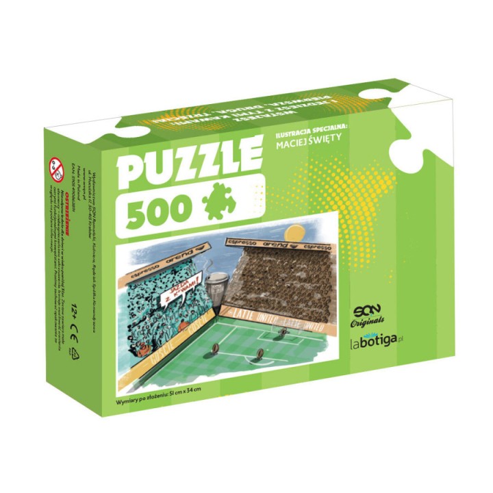 SQN Originals: Puzzle drewniane (500 elementów, oryginalne kształty) Jazda z kawami piłka nożna piłkarskie latte united