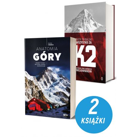 Okładki zestawu książek sportowych dostępnych na labotiga.pl. Anatomia Góry i Wszystko za K2
