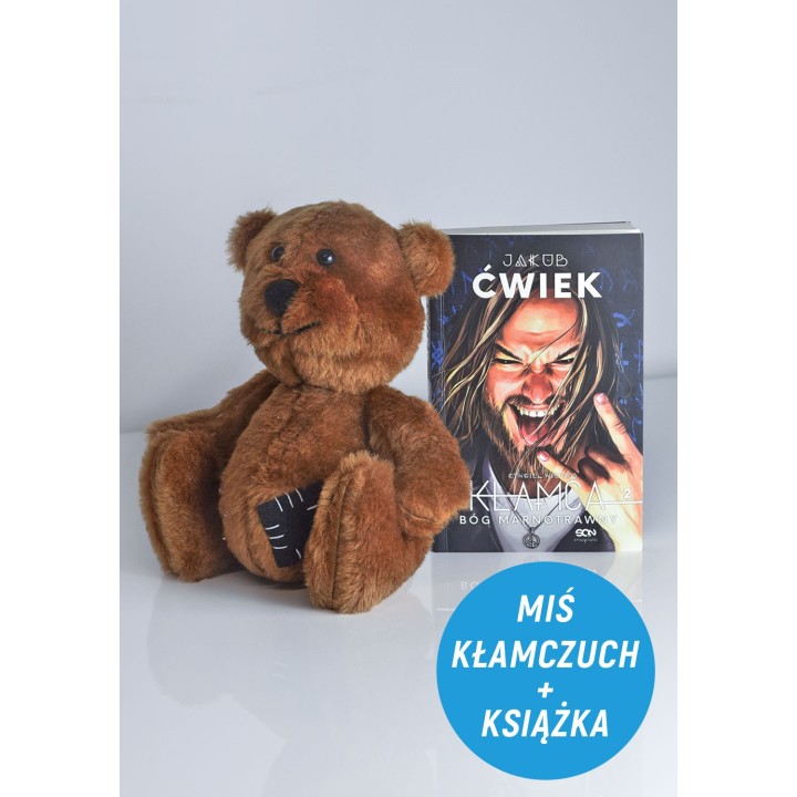 Zdjęcie zestawu książka Kłamca 2. Bóg marnotrawny oraz pluszowy Miś Kłamczuch