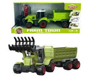 Traktor z łyżką i przyczepą do skręcania