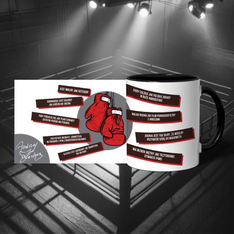 Biały kubek (330 ml) z cytatami Andrzeja Kostyra boks