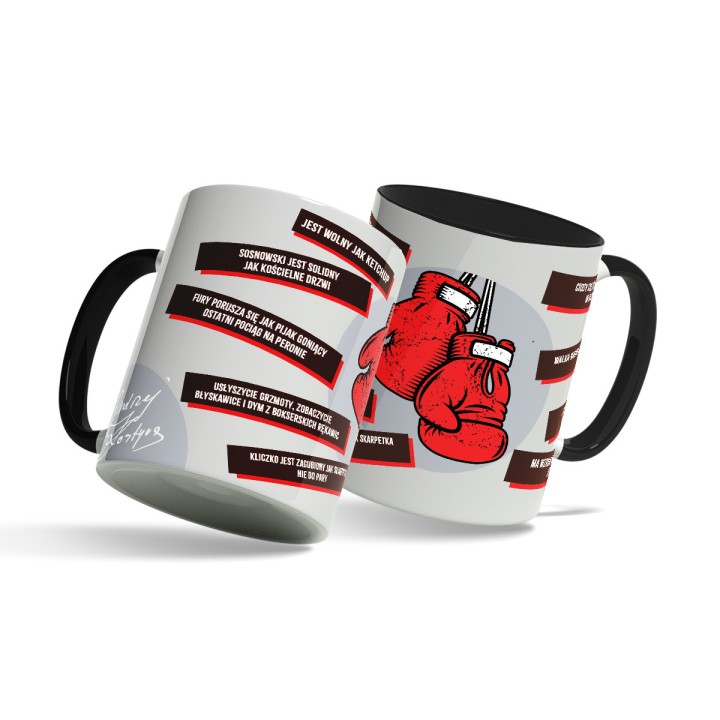 Biały kubek (330 ml) z cytatami Andrzeja Kostyra boks