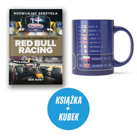 Rozwijając skrzydła. Zakulisowa historia zespołu Red Bull Racing (książka + kubek F1 granatowy tabela)