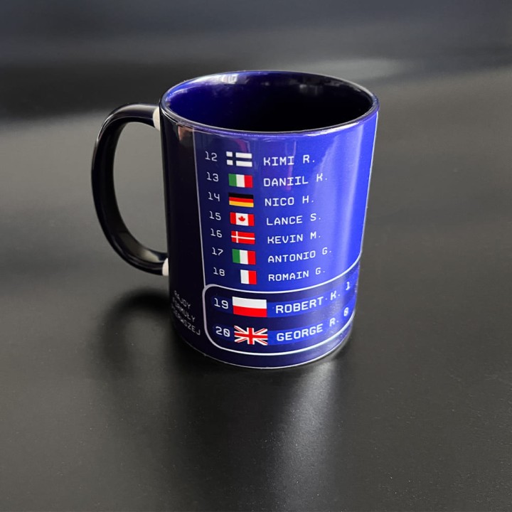 Kubek F1 granatowy (330 ml) Rajdy Formuły Pierwszej Robert George tabela