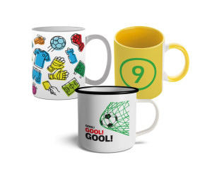 Zestaw kubków piłka nożna: Kubek kolorowy + Kubek numer 9 Brazylia + Kubek metalowy Gool! (3x kubek)