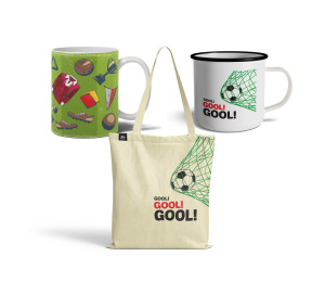 Zestaw piłka nożna: Kubek zielony z ikonami + Kubek metalowy Gool! + Torba bawełniana Gool! (2x kubek + torba)