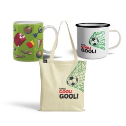 Zestaw piłka nożna: Kubek zielony z ikonami + Kubek metalowy Gool! + Torba bawełniana Gool! (2x kubek + torba)