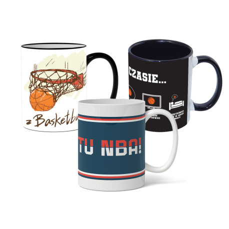 Zestaw kubków koszykarskich:  Hej, hej tu NBA + rysunkowy NBA Basketball + W wolnym czasie koszykówka (3x kubek)