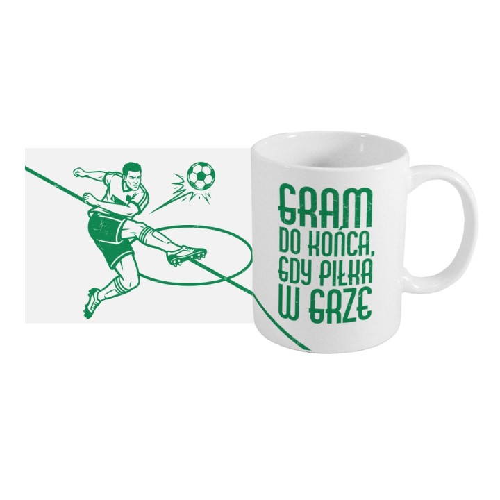 Biały kubek (330 ml) z piłkarzem gram do końca, gdy piłka w grze