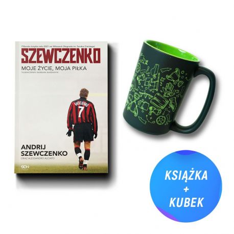 Zdjęcie pakietu Szewczenko. Moje życie, moja piłka + Kubek piłkarski (400 ml) czarny z zielonymi wzorami w księgarni Labotiga