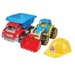 Pojazdy budowlane. Wywrotka i koparka + kask