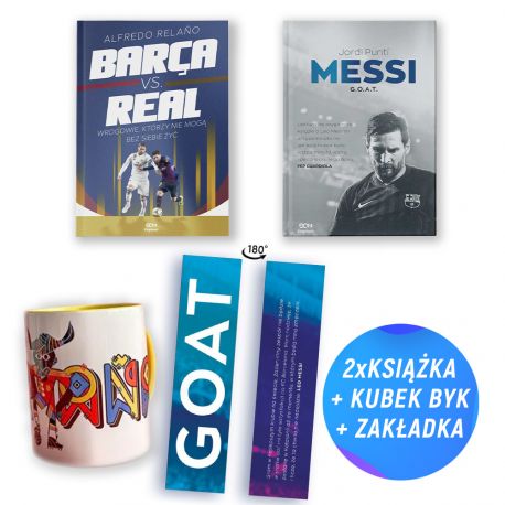  Pakiet SQN Originals: Barca vs. Real + Messi. G.O.A.T. + kubek 330ml (2x książka + kubek + zakładka)