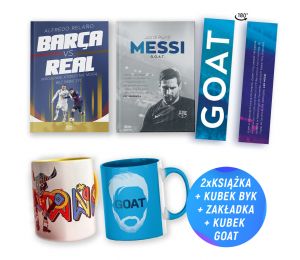 Pakiet Barca vs. Real + Messi. G.O.A.T. + kubek GOAT + kubek 330ml (2x książka + 2x kubek + zakładka)