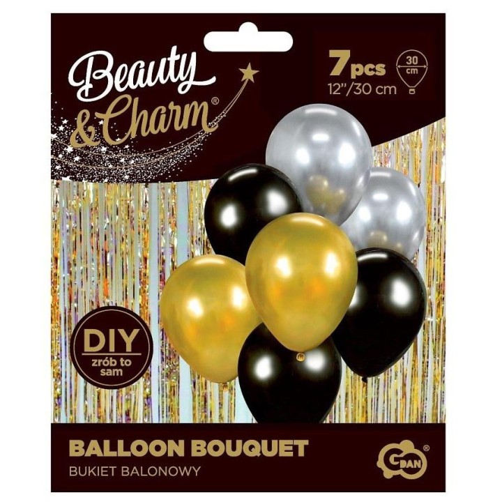 Balony Beauty&Charm bukiet złoto-czar. 30cm 7szt