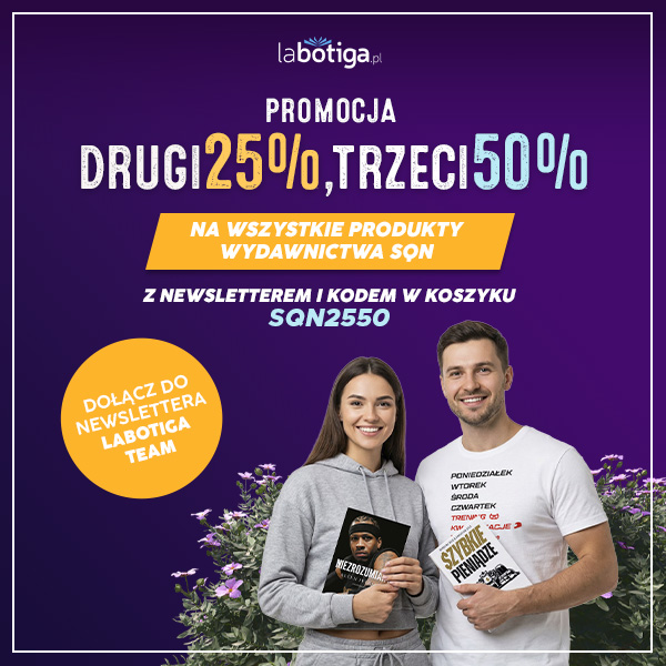 Grafika promująca wyprzedaż książek sportowych na labotiga.pl oraz promocję w ramach labotiga team, czyli newslettera księgarni sportowej labotiga.pl